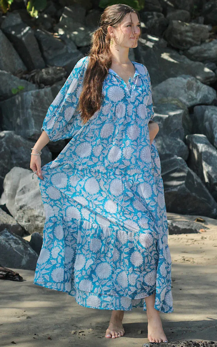 River Goddess 100% Cotton Maxi Dress Neera Sky Sunflower