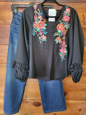 Ruffle Sleeve Embroidered Top