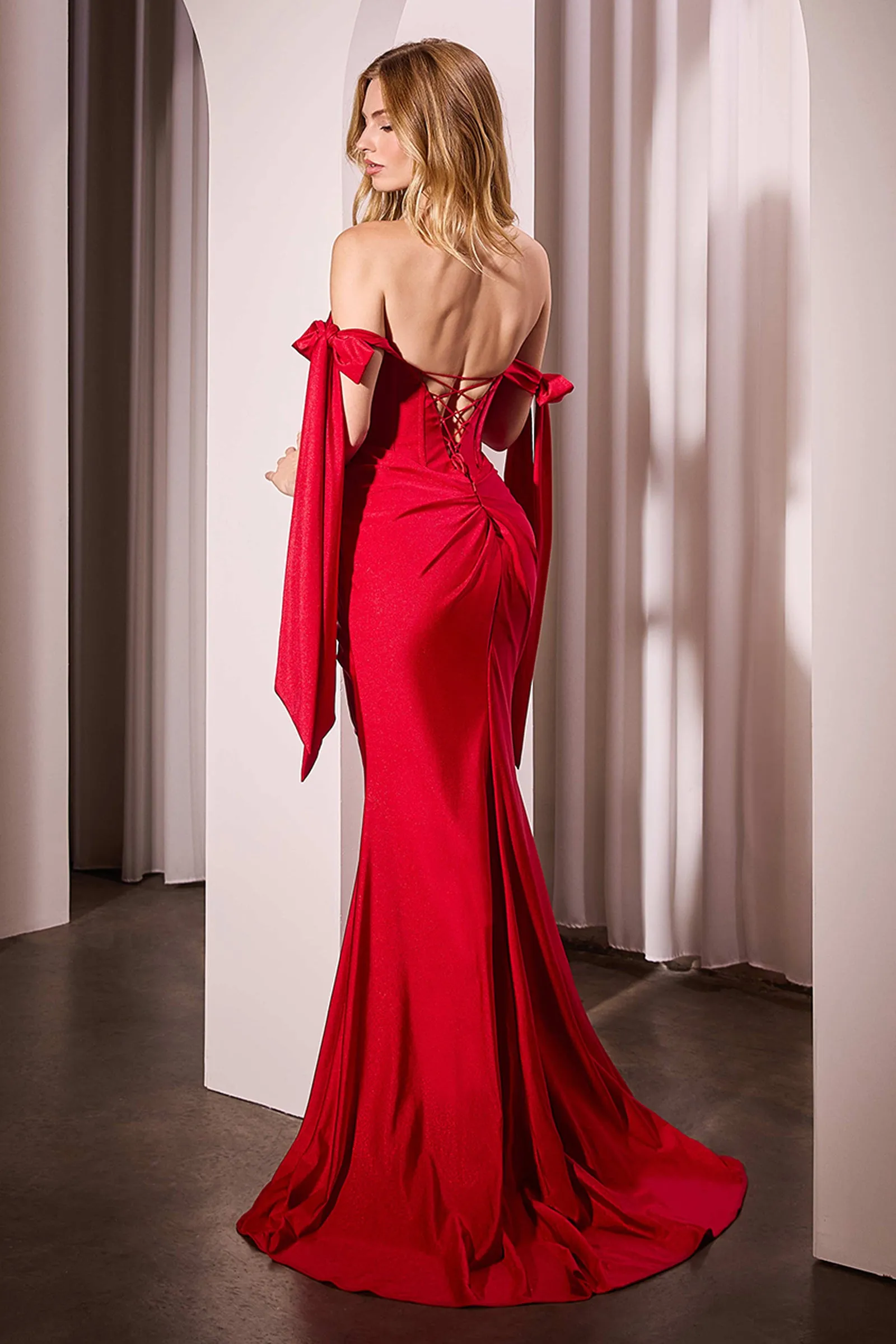 Satin Off Shoulder Slit Gown by Ladivine KV1120