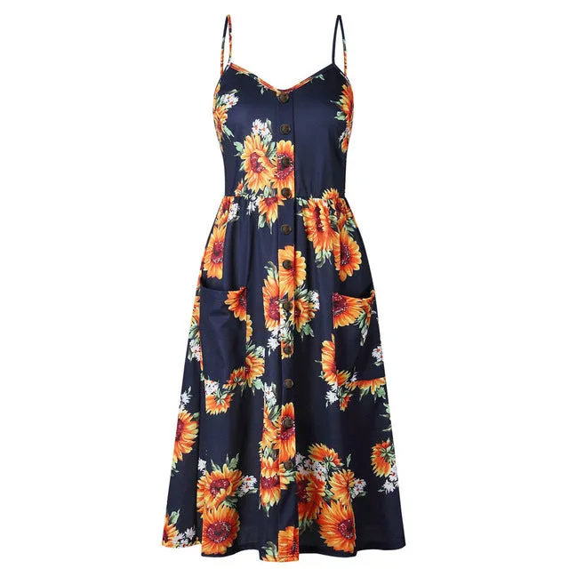 Summer Casual Ladies' V-neck Sleeveless Knee Length Dress With Print Floral