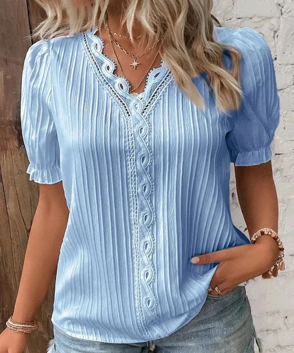 V-Neck Hollow Short Sleeve Splice Loose Street Blouse