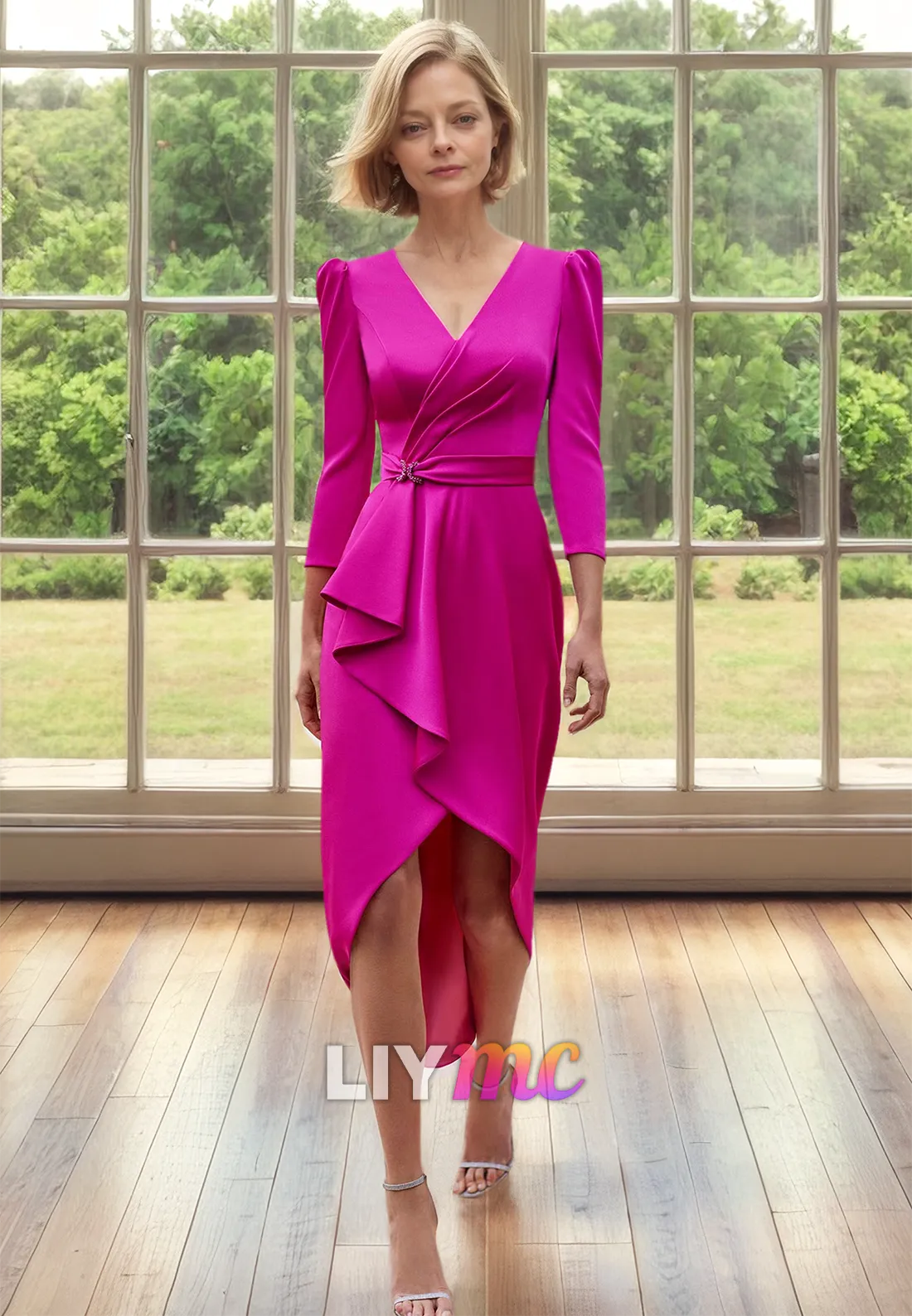 V-Neck Long Sleeves Ruffled Sheath Mother of Bride Dress