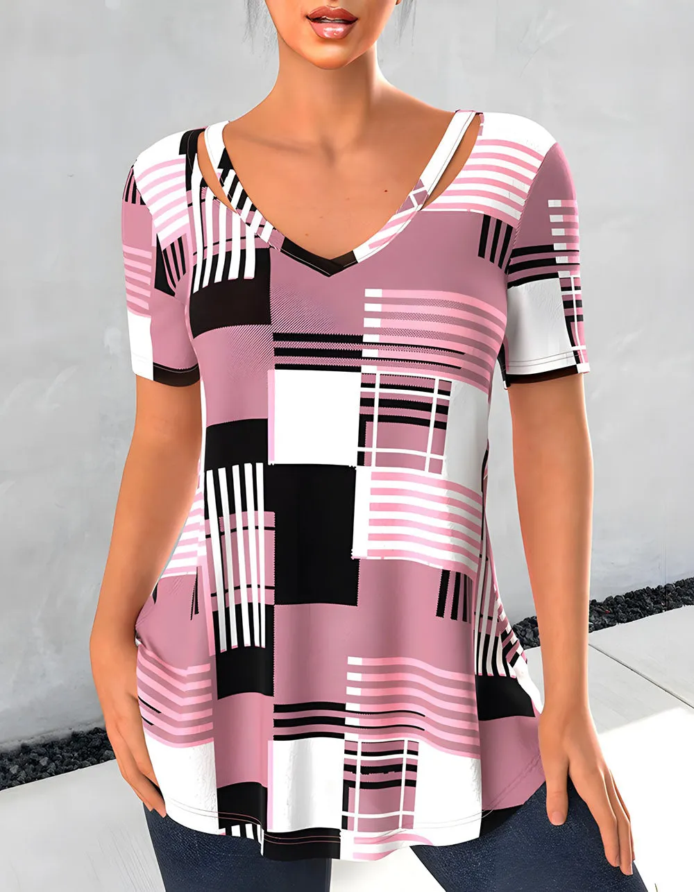 V Neck Printed Loose Short-Sleeved Midi T-shirt