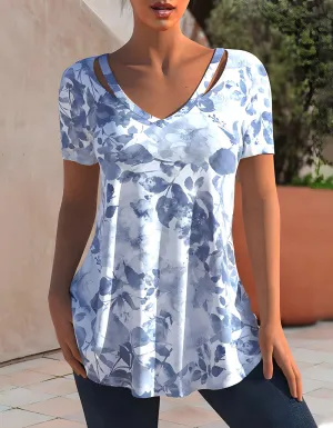 V Neck Printed Loose Short-Sleeved Midi T-shirt