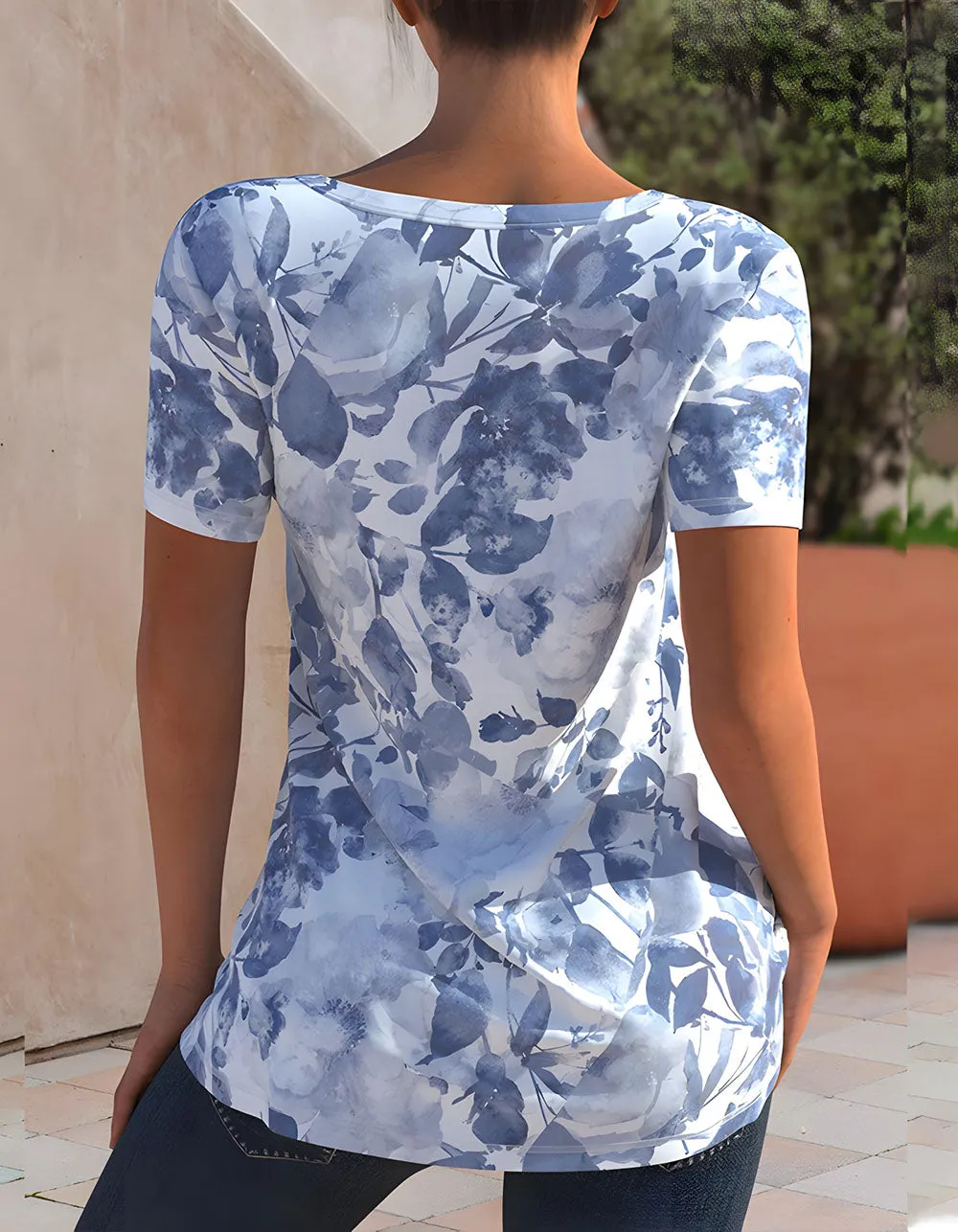 V Neck Printed Loose Short-Sleeved Midi T-shirt