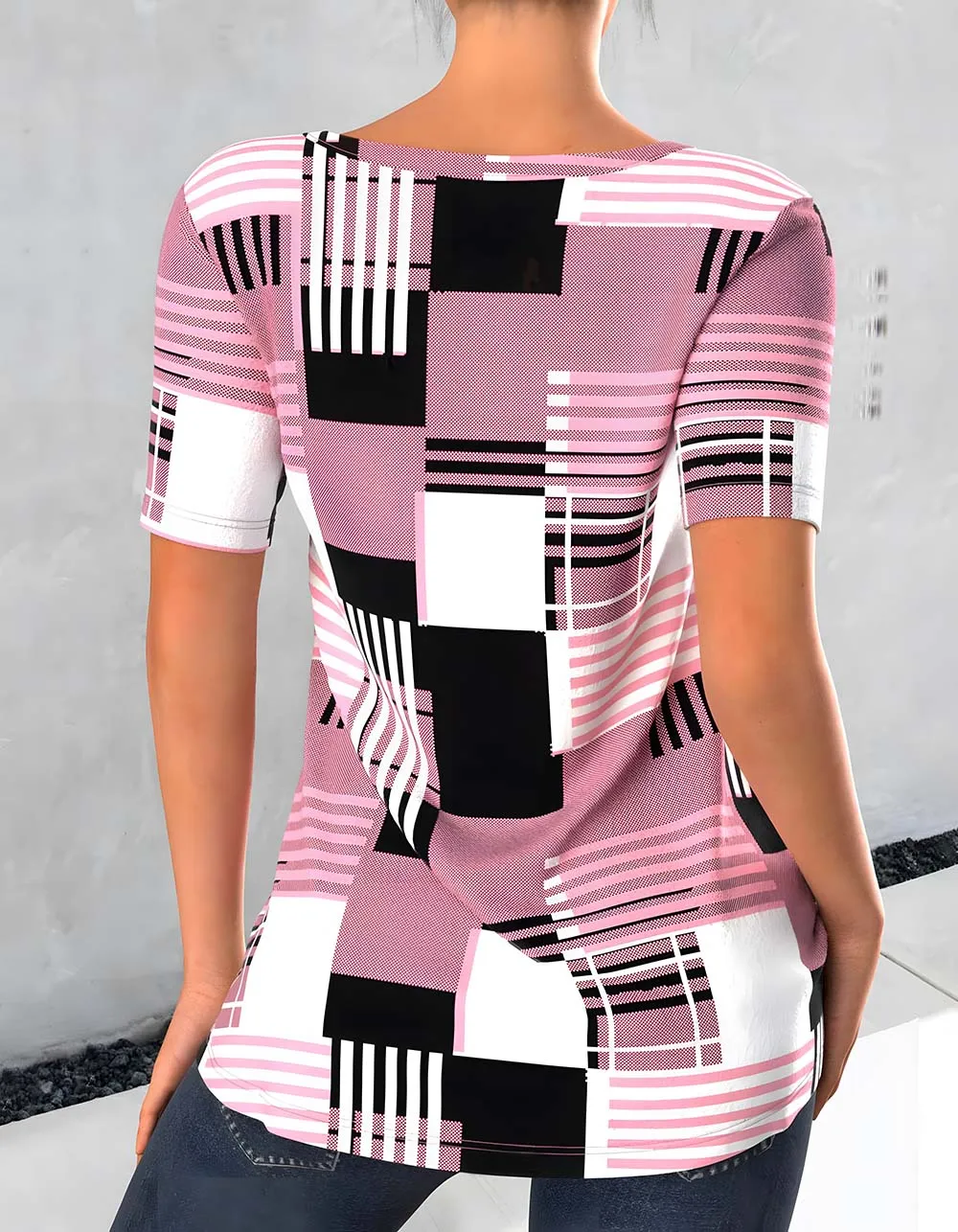 V Neck Printed Loose Short-Sleeved Midi T-shirt
