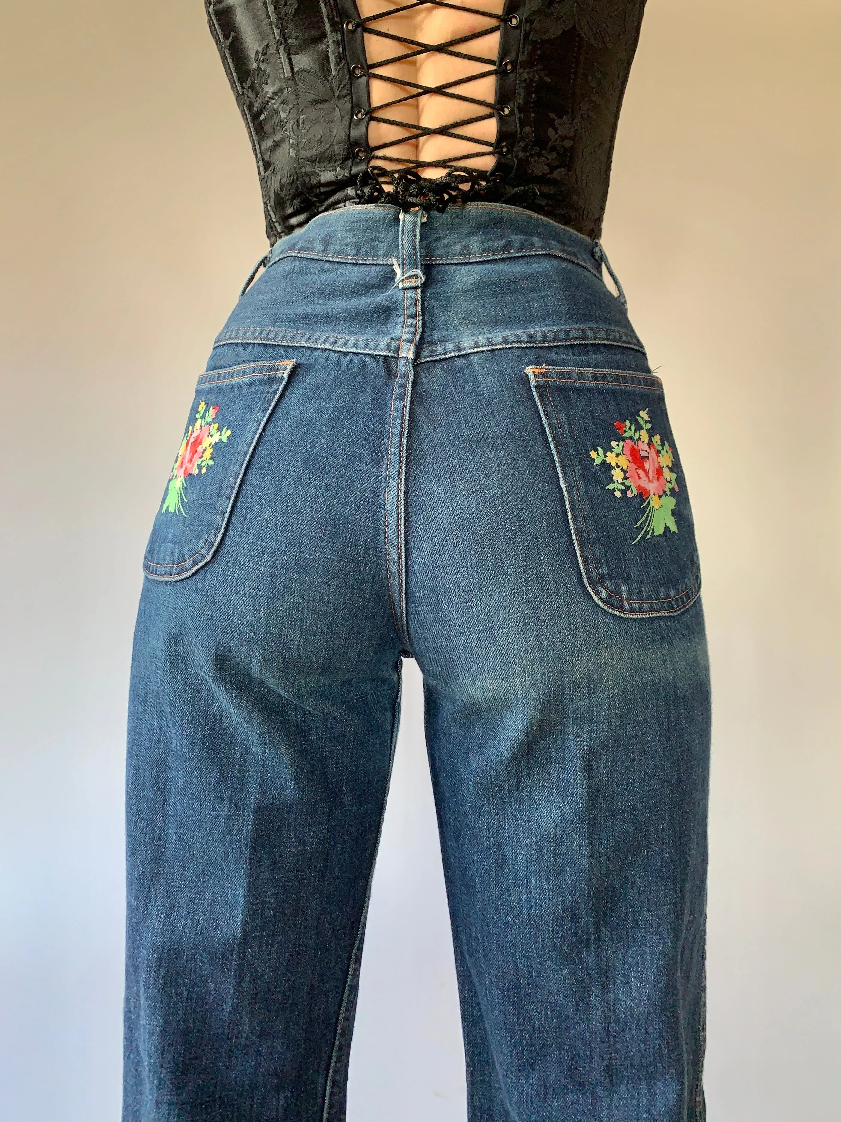 Vintage 1970s Embroidered Jeans (XS)