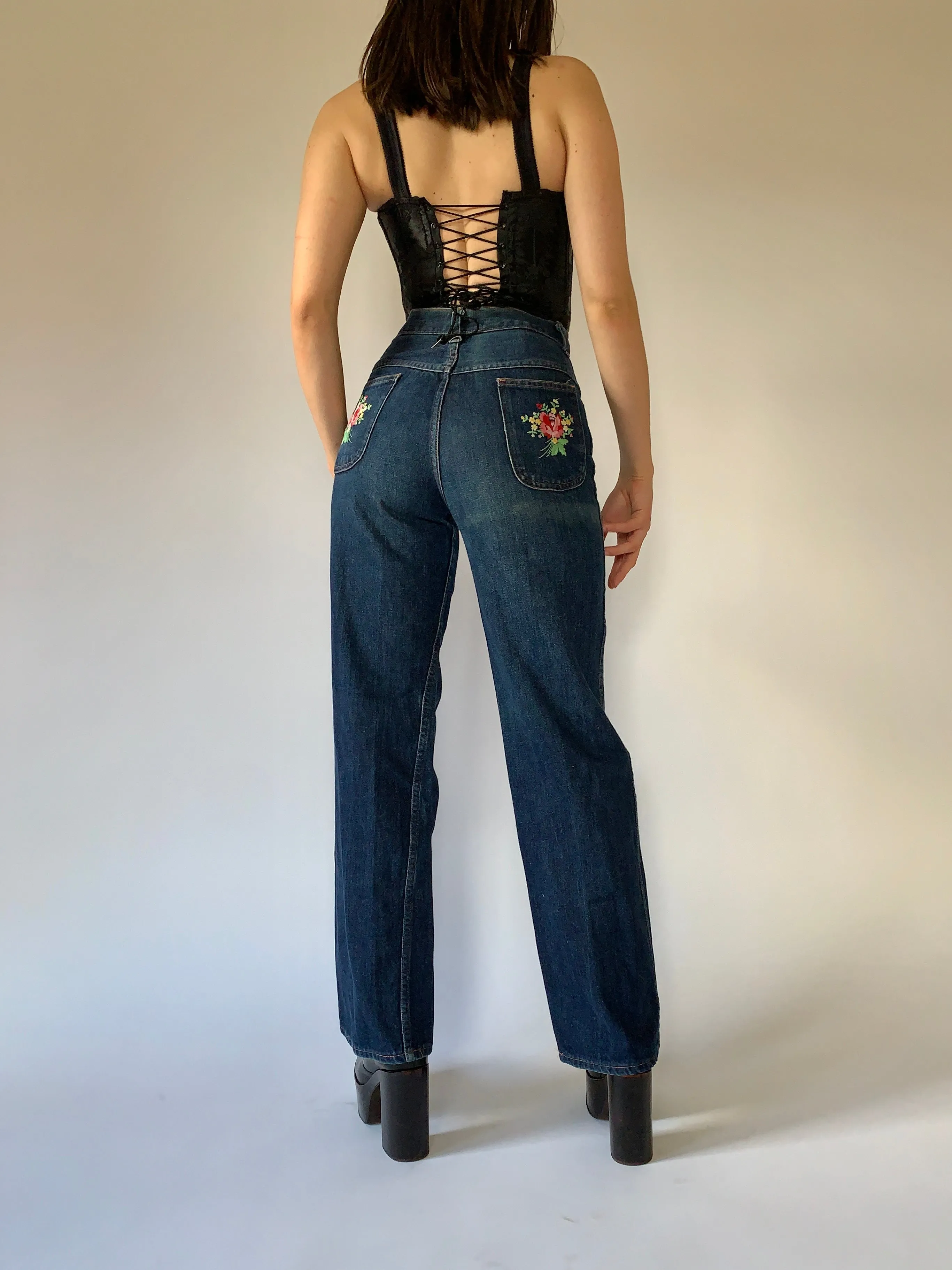 Vintage 1970s Embroidered Jeans (XS)