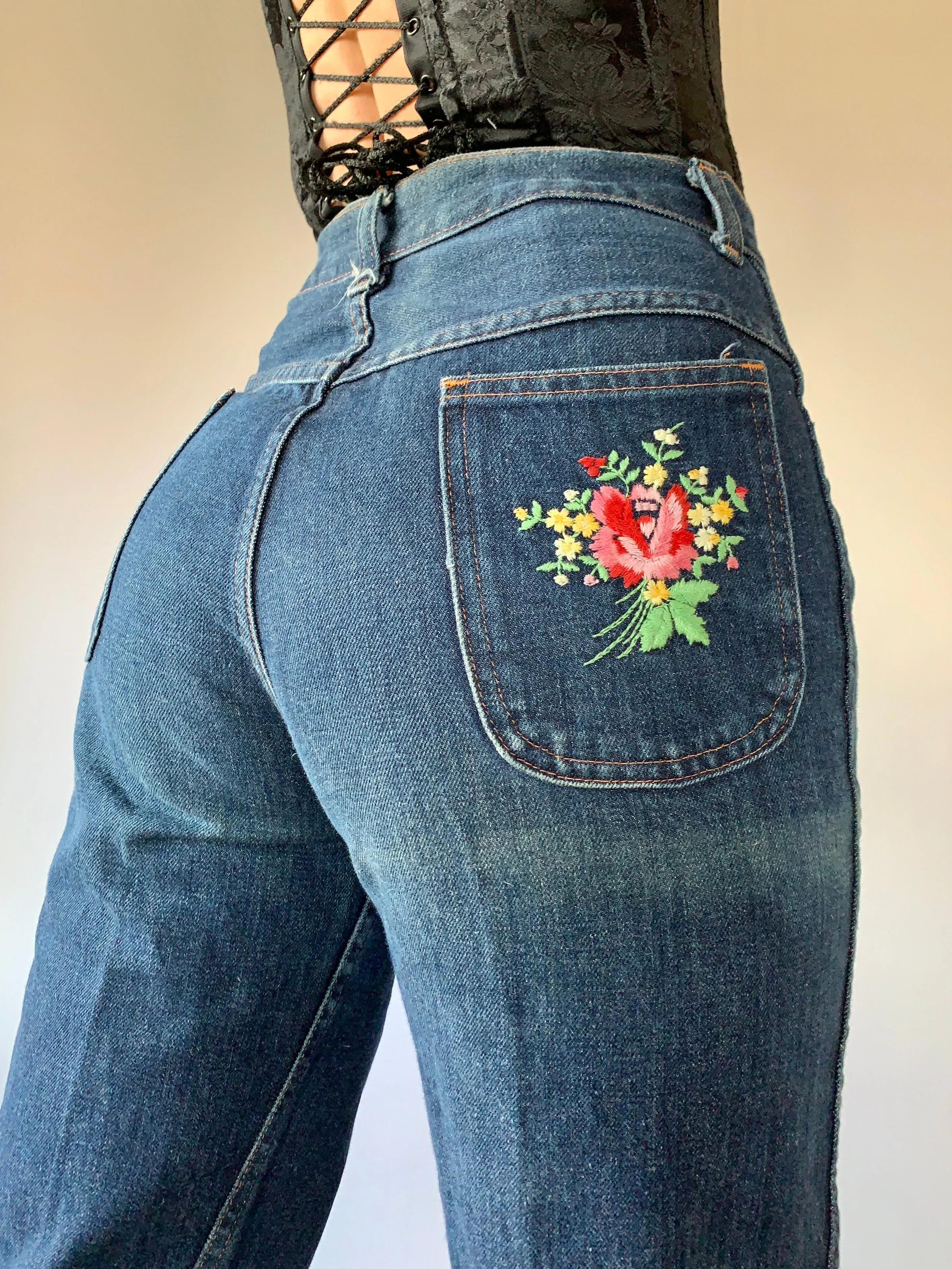 Vintage 1970s Embroidered Jeans (XS)