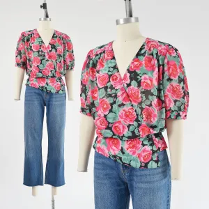 Vintage 80s Pink Floral Puff Sleeve Blouse Wrap Around Peplum Waist Top size M