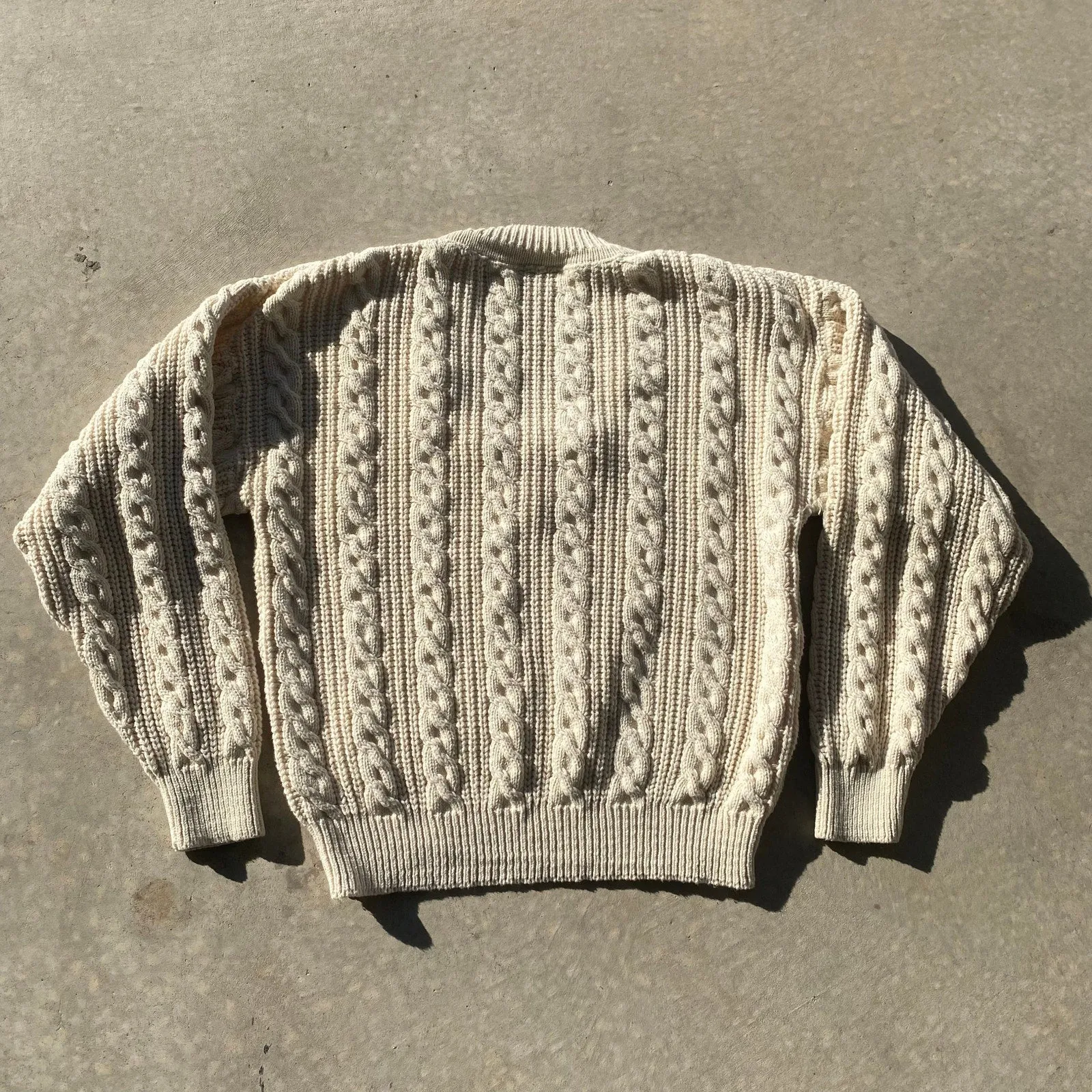 Vintage Grandpa Sweater Cream Cable Knit V Neck Varsity Pullover Sweater Sz XL