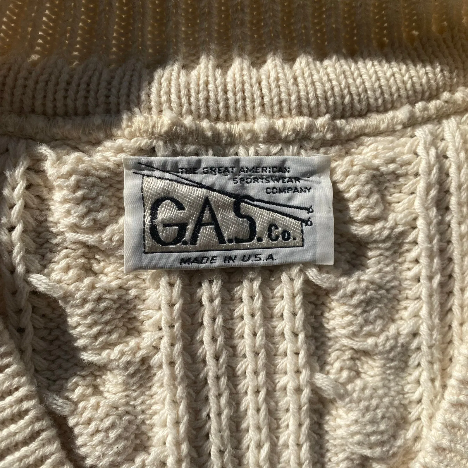 Vintage Grandpa Sweater Cream Cable Knit V Neck Varsity Pullover Sweater Sz XL