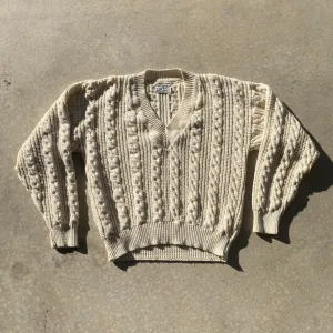 Vintage Grandpa Sweater Cream Cable Knit V Neck Varsity Pullover Sweater Sz XL