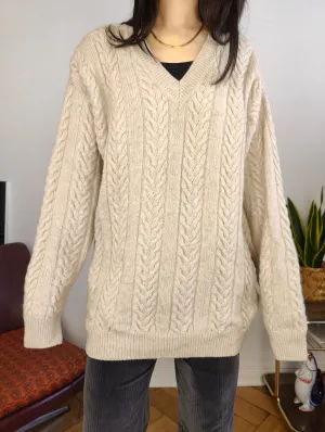 Vintage wool sweater M | pullover cable knit knitted jumper beige off white