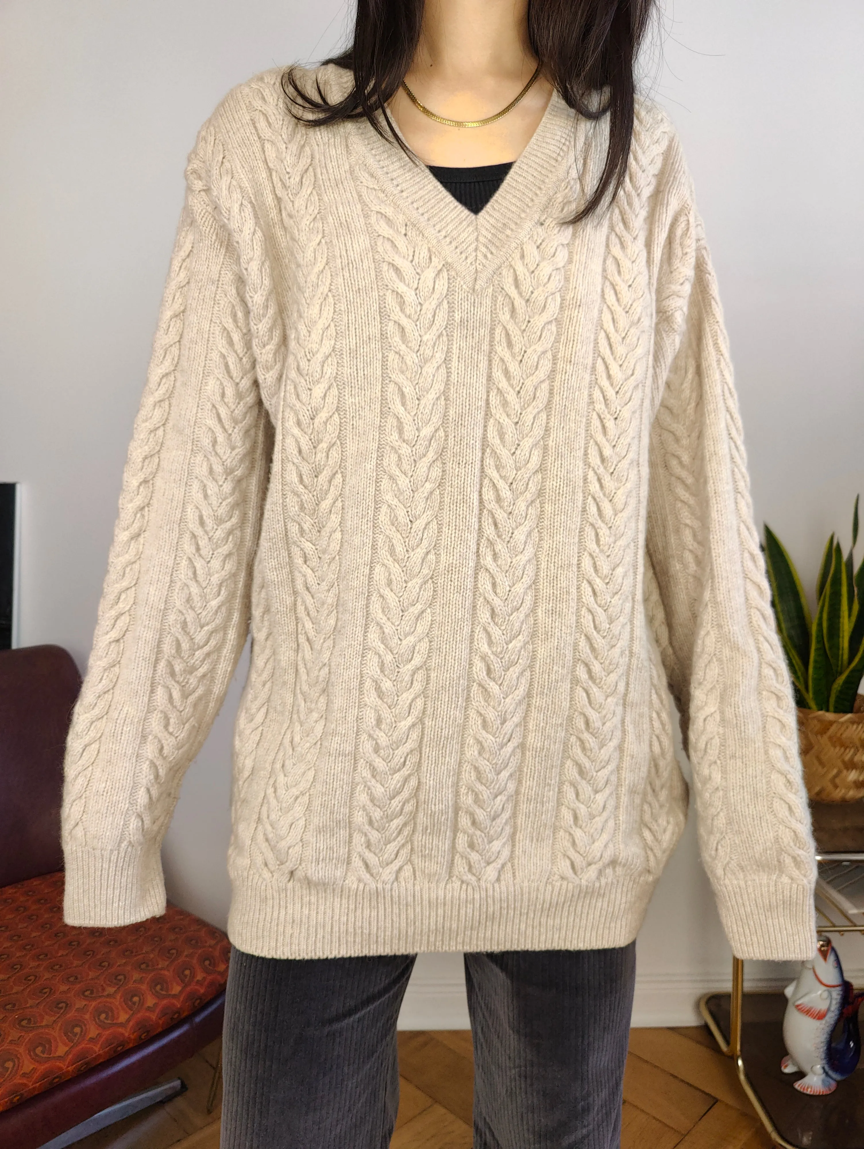 Vintage wool sweater M | pullover cable knit knitted jumper beige off white