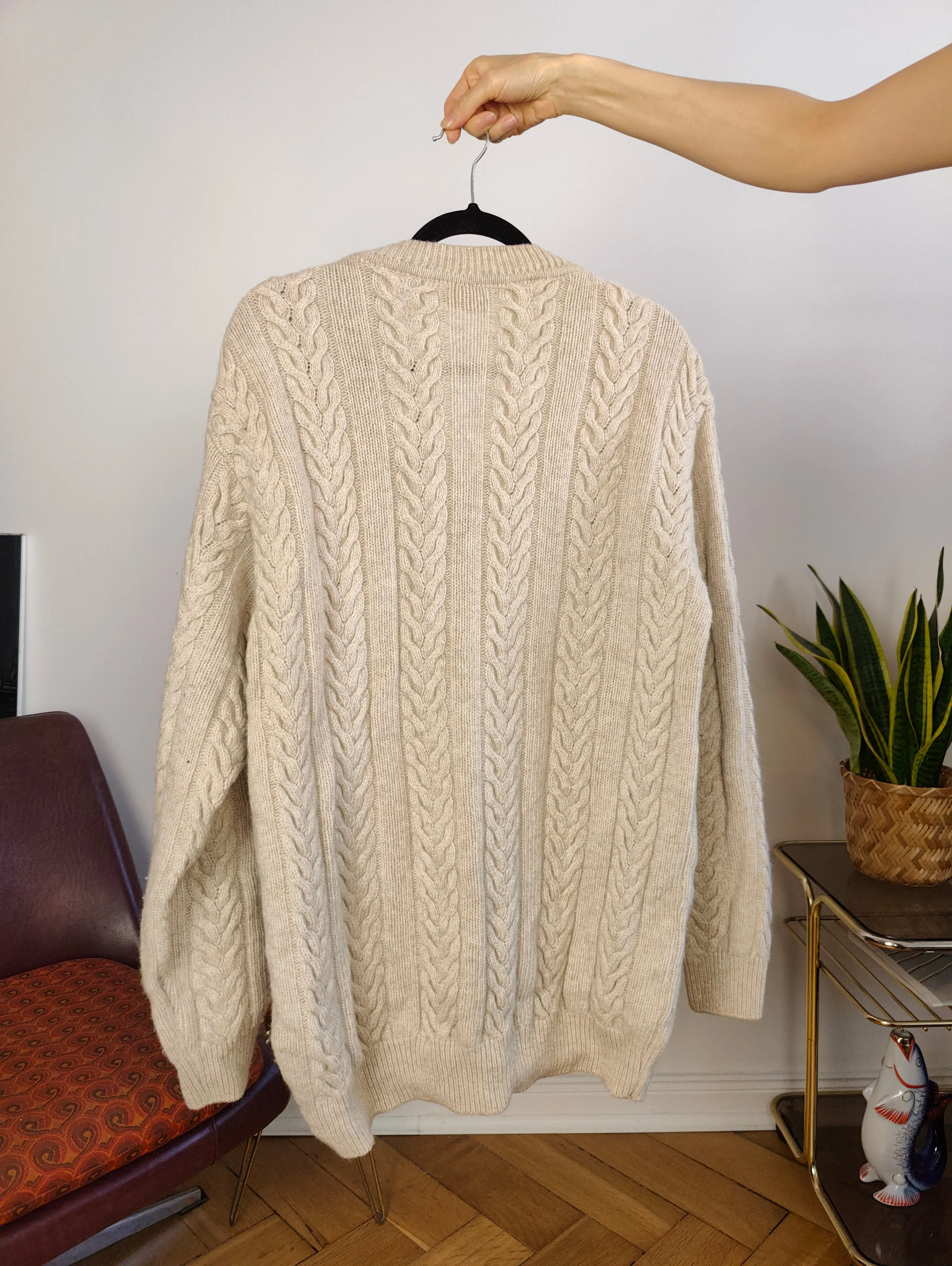 Vintage wool sweater M | pullover cable knit knitted jumper beige off white