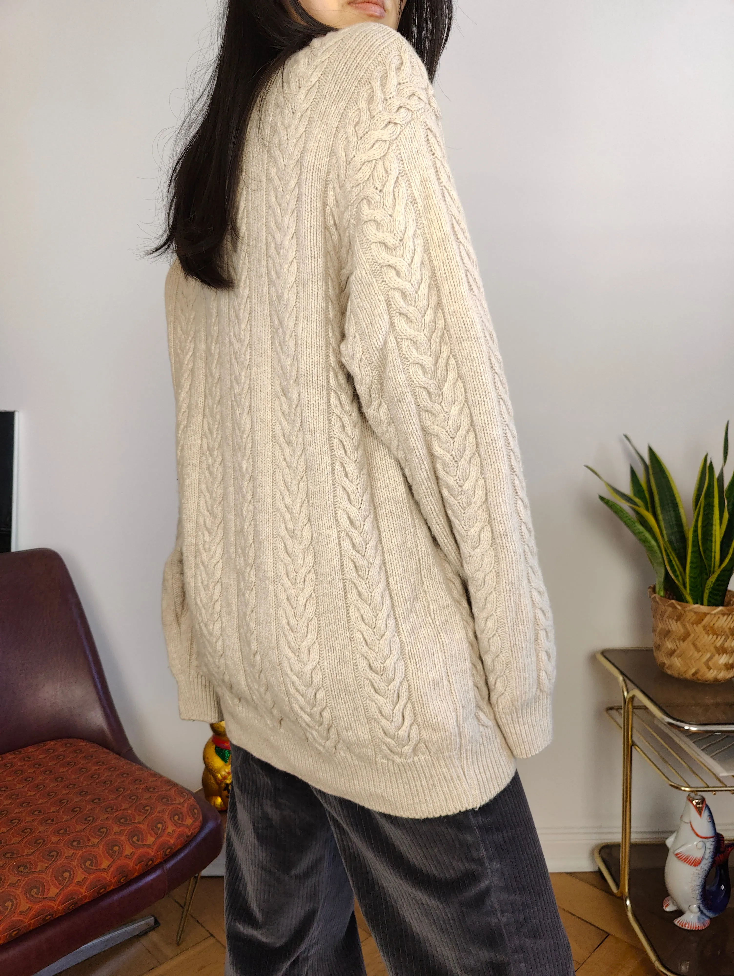 Vintage wool sweater M | pullover cable knit knitted jumper beige off white