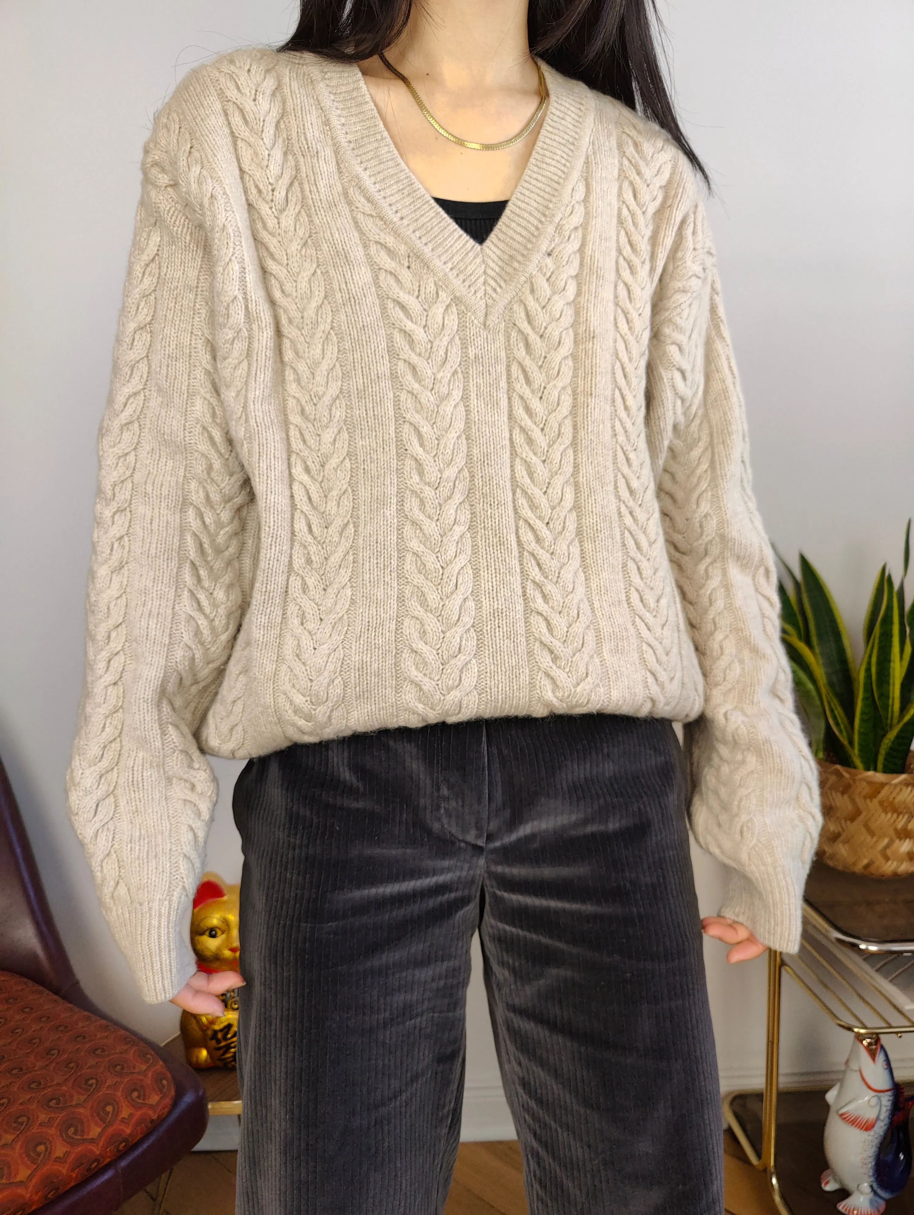 Vintage wool sweater M | pullover cable knit knitted jumper beige off white