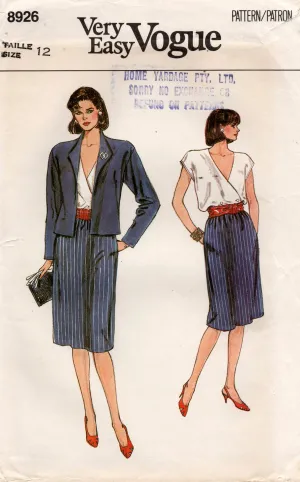 Vogue 8926 Womens Skirt Suit & Wrap Top 1980s Vintage Sewing Pattern Size 12 Bust 34 Inches UNCUT Factory Folded