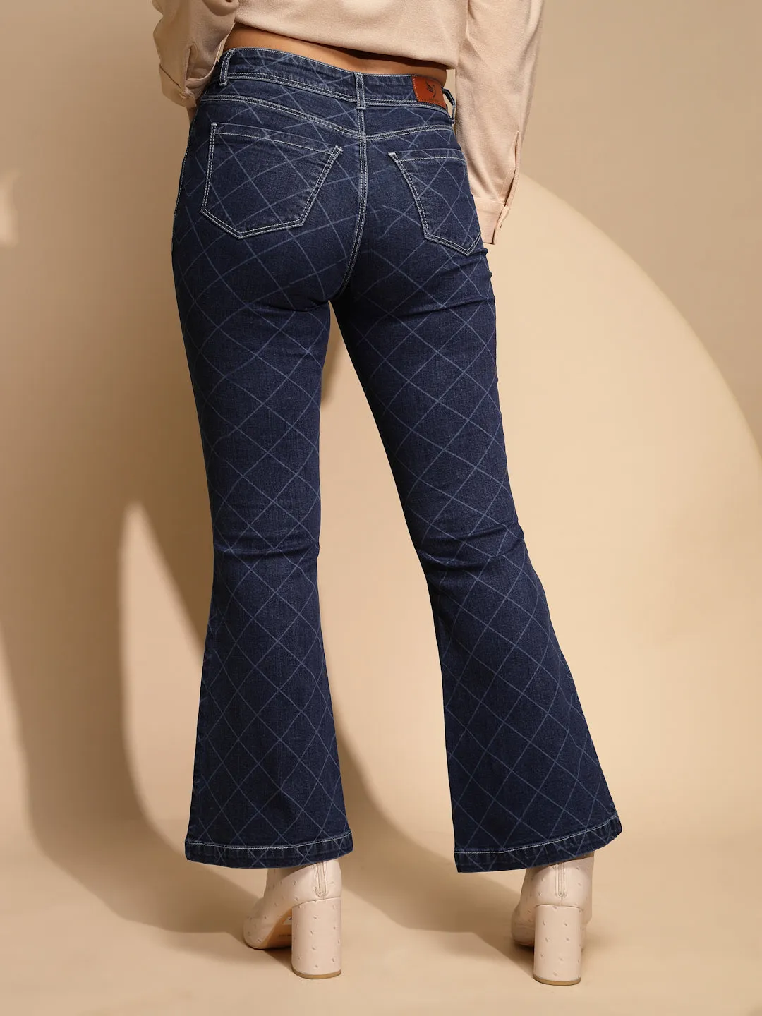 Women Dark Blue Checkered Cotton Blend Mid Rise Bootcut Relaxed Fit Jeans