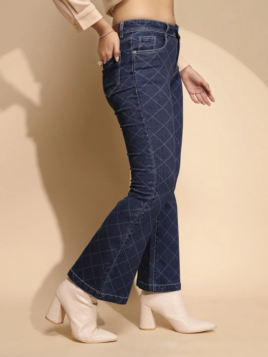 Women Dark Blue Checkered Cotton Blend Mid Rise Bootcut Relaxed Fit Jeans