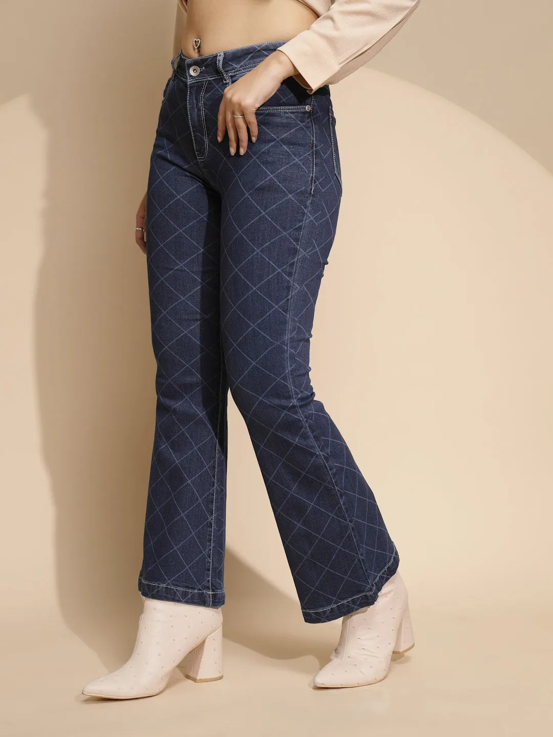 Women Dark Blue Checkered Cotton Blend Mid Rise Bootcut Relaxed Fit Jeans