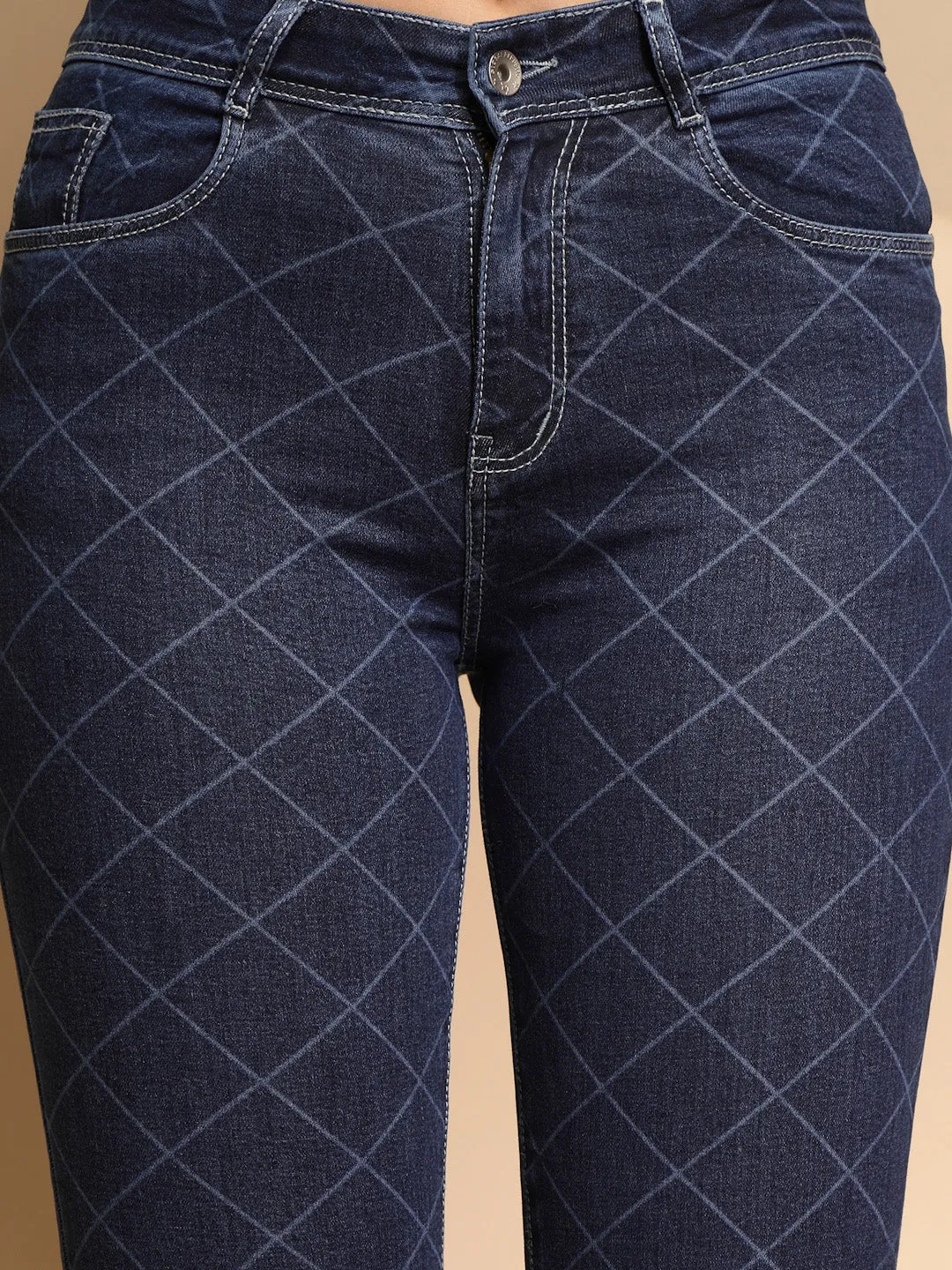 Women Dark Blue Checkered Cotton Blend Mid Rise Bootcut Relaxed Fit Jeans