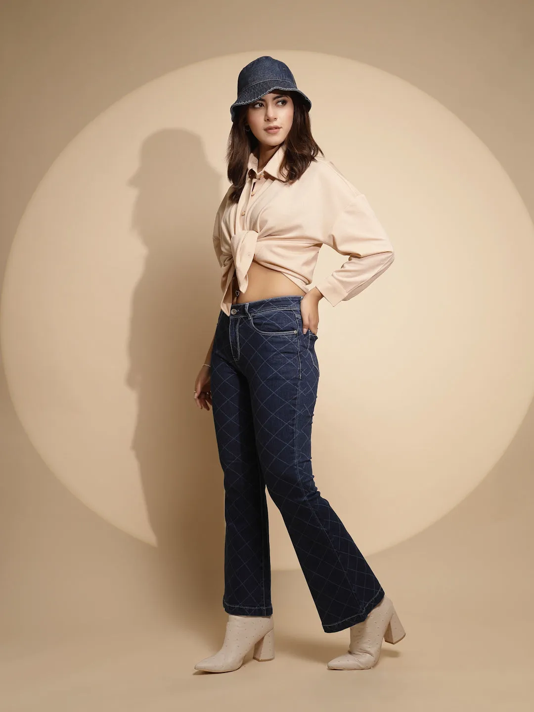 Women Dark Blue Checkered Cotton Blend Mid Rise Bootcut Relaxed Fit Jeans
