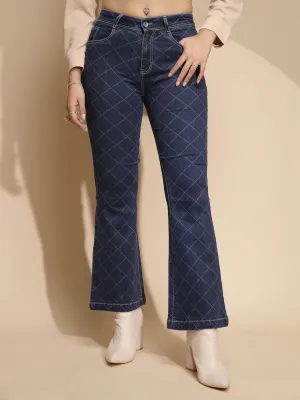 Women Dark Blue Checkered Cotton Blend Mid Rise Bootcut Relaxed Fit Jeans