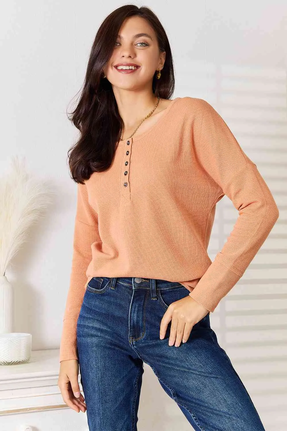 Women's Basic Bae Half Button Long Sleeve Top