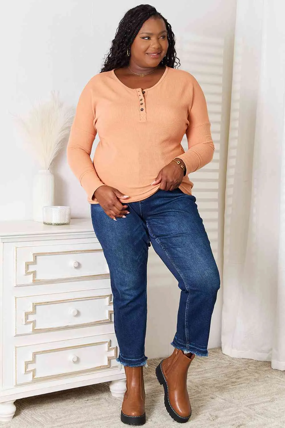 Women's Basic Bae Half Button Long Sleeve Top