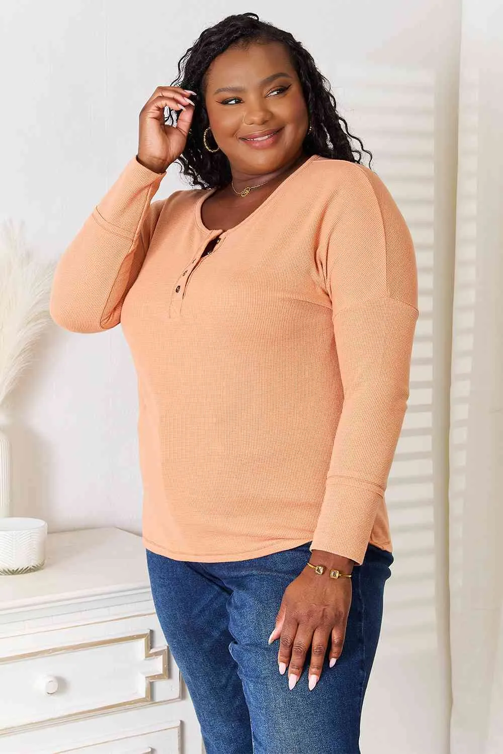 Women's Basic Bae Half Button Long Sleeve Top