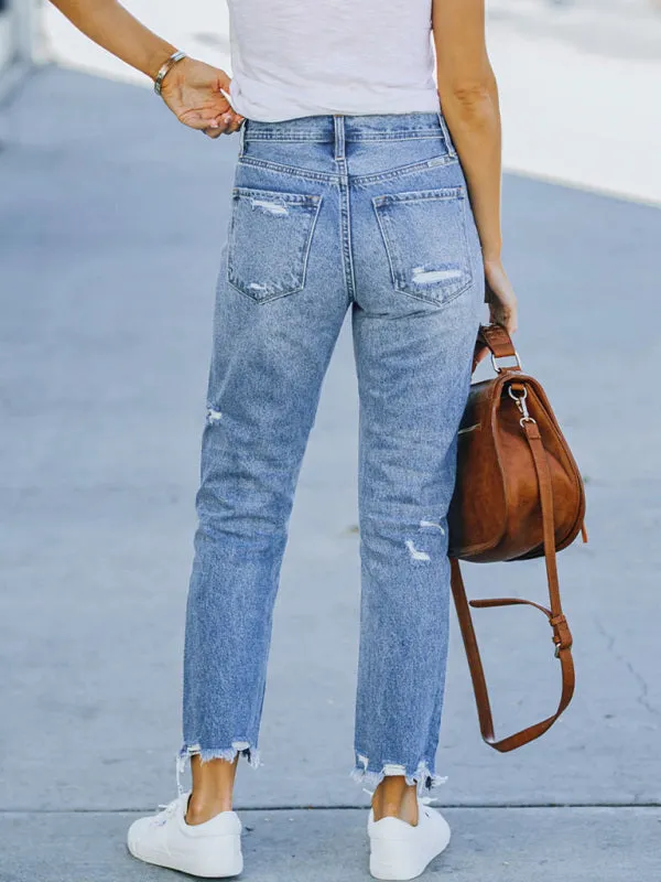 Women's High Waist Ripped Straight Leg Jeans