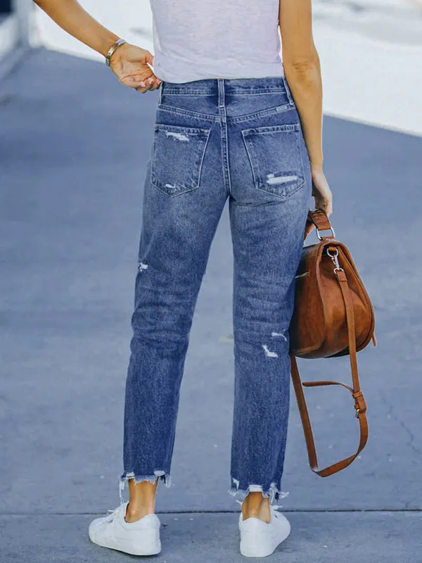 Women's High Waist Ripped Straight Leg Jeans