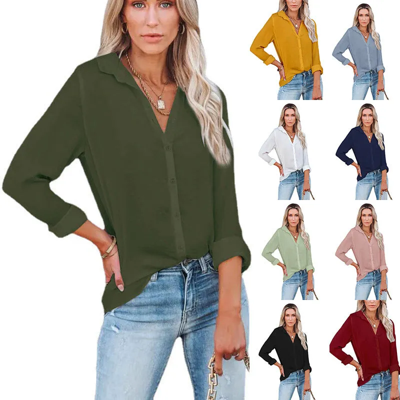 Women's Polyester Fiber Casual Loose Long Sleeve Button V-neck Shirt Top