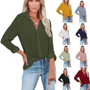 Women's Polyester Fiber Casual Loose Long Sleeve Button V-neck Shirt Top