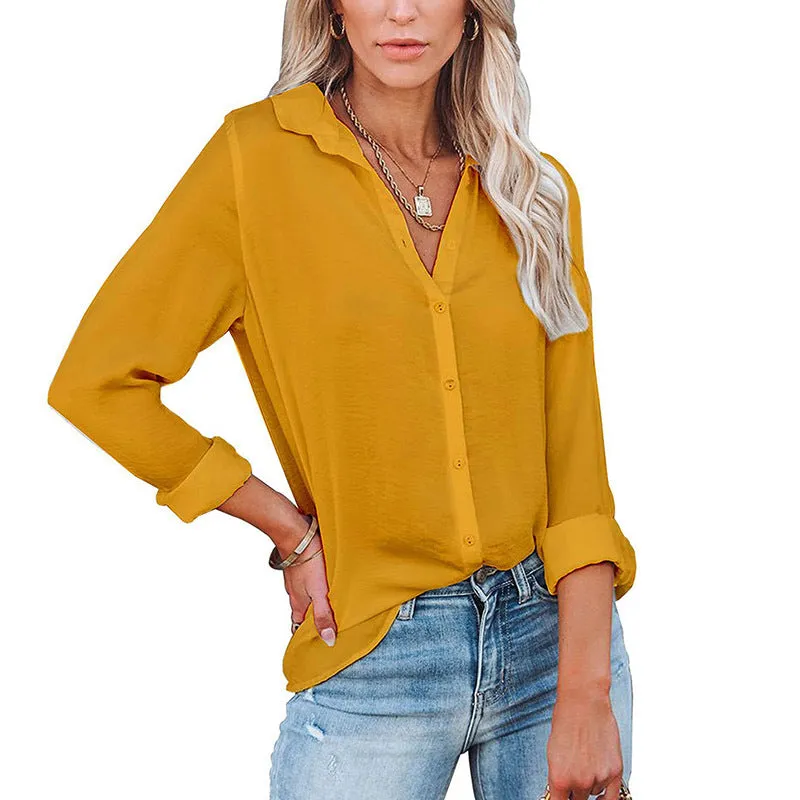 Women's Polyester Fiber Casual Loose Long Sleeve Button V-neck Shirt Top