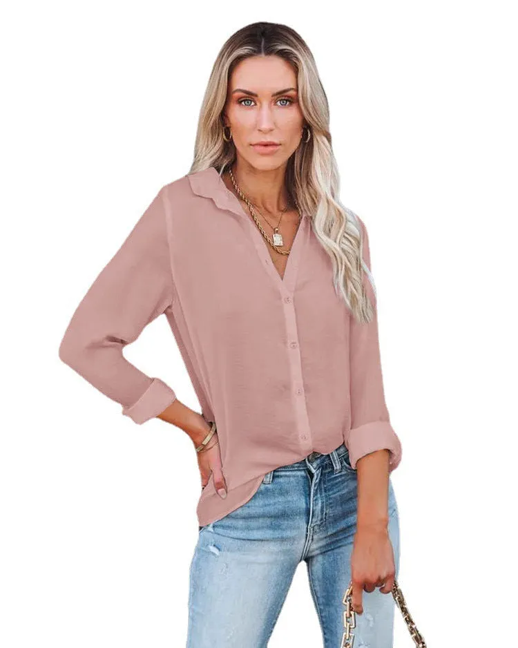 Women's Polyester Fiber Casual Loose Long Sleeve Button V-neck Shirt Top