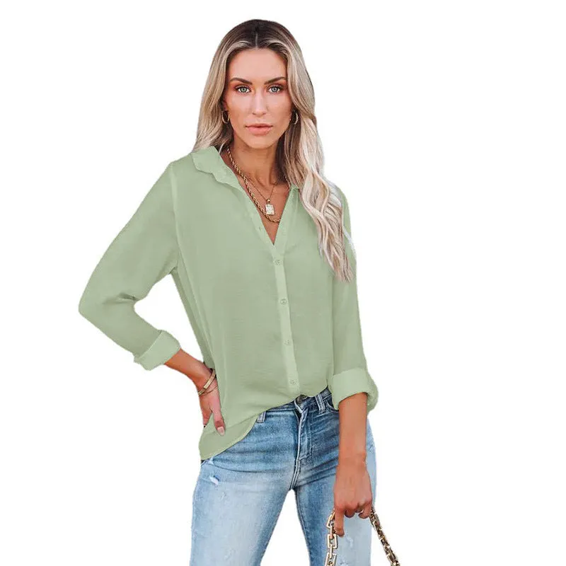 Women's Polyester Fiber Casual Loose Long Sleeve Button V-neck Shirt Top