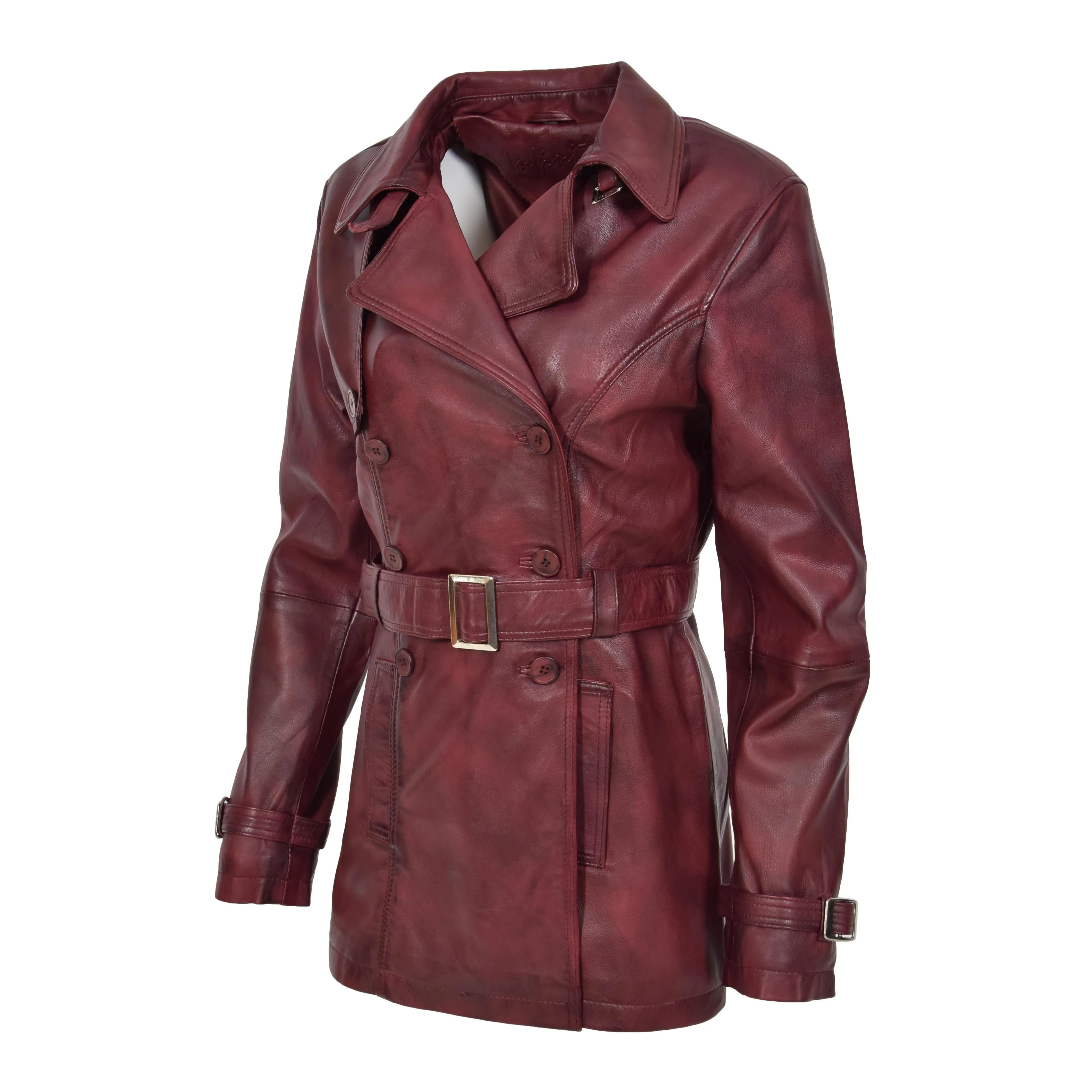 Womens Soft Leather Trench Coat Olivia Burgundy
