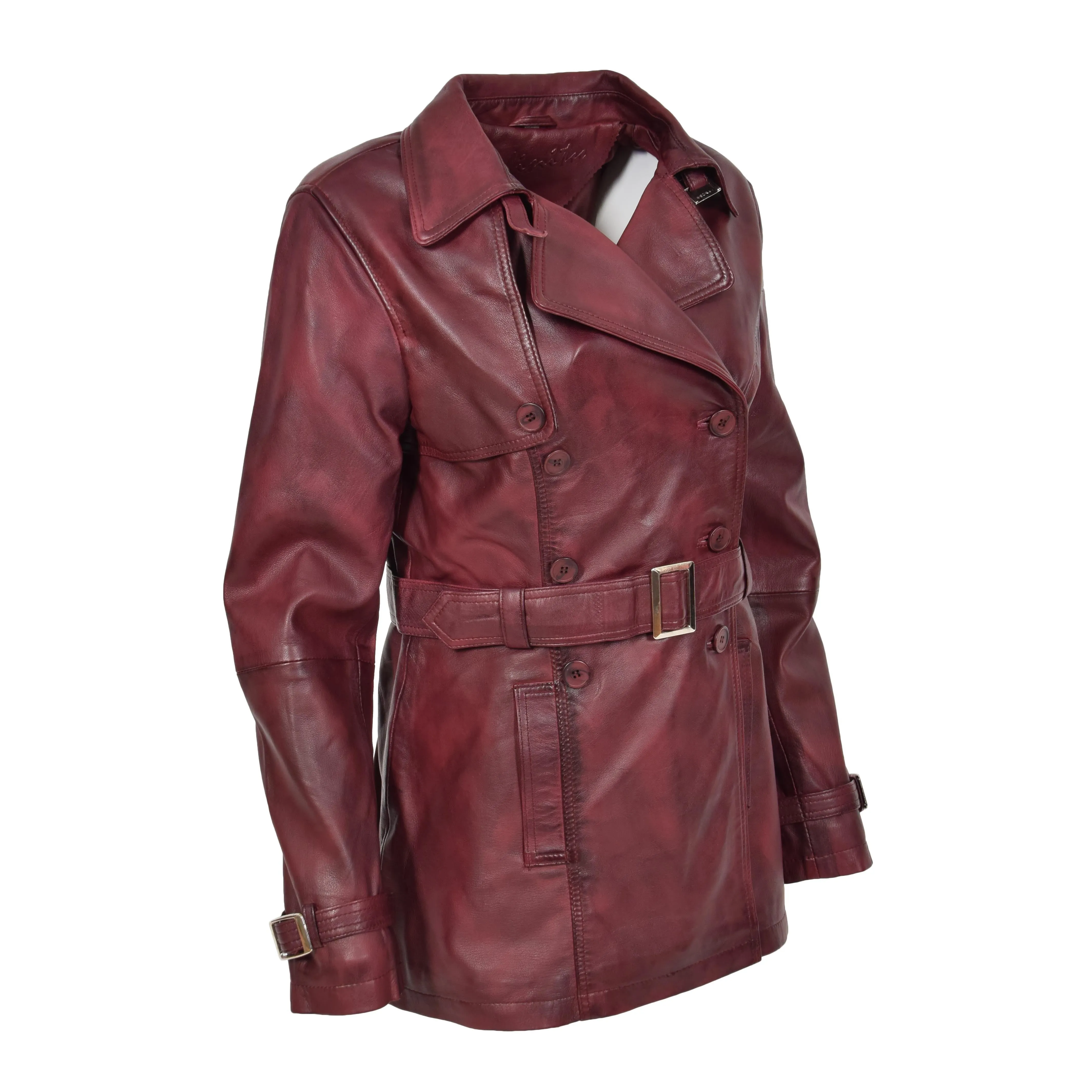 Womens Soft Leather Trench Coat Olivia Burgundy