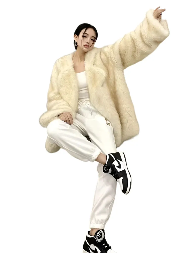 Women's Winter Faux Fur Coat – Loose, Thick, Fluffy Furry Jacket in Soft Hairy Style, High-Quality Korean Fashion