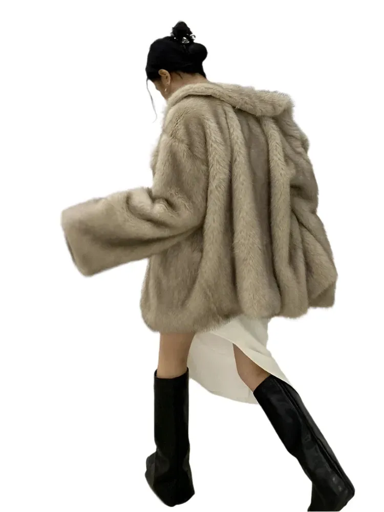 Women's Winter Faux Fur Coat – Loose, Thick, Fluffy Furry Jacket in Soft Hairy Style, High-Quality Korean Fashion