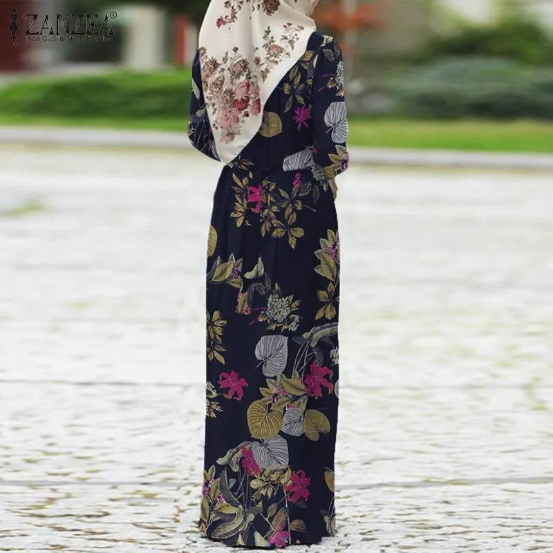 ZANZEA Women Spring Muslim Dress Kaftan Printed Floral Dress Abaya Morocco Long Maxi Dress Bohemian Casual Sundress Robe Femme X1879260